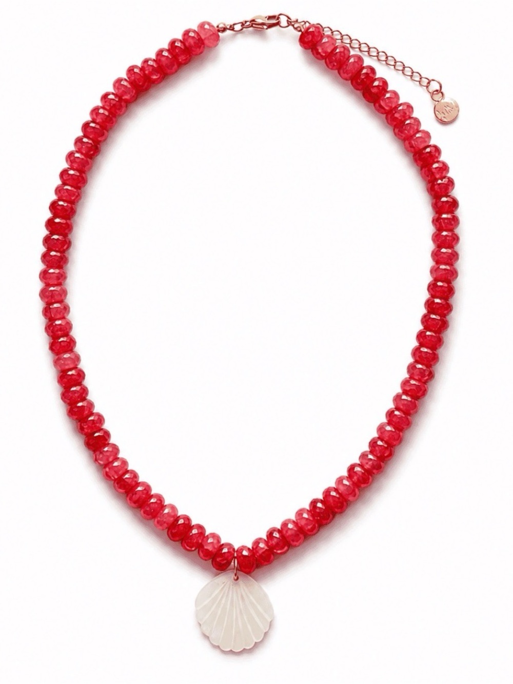 Mayamar Pink/red glass Beaded Necklace with Shell Pendant